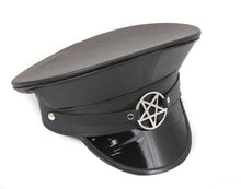 Load image into Gallery viewer, Matte vegan leather top and patent shiny vegan leather bill captain style hat. Hat has inverted silver pentagram on front center.
