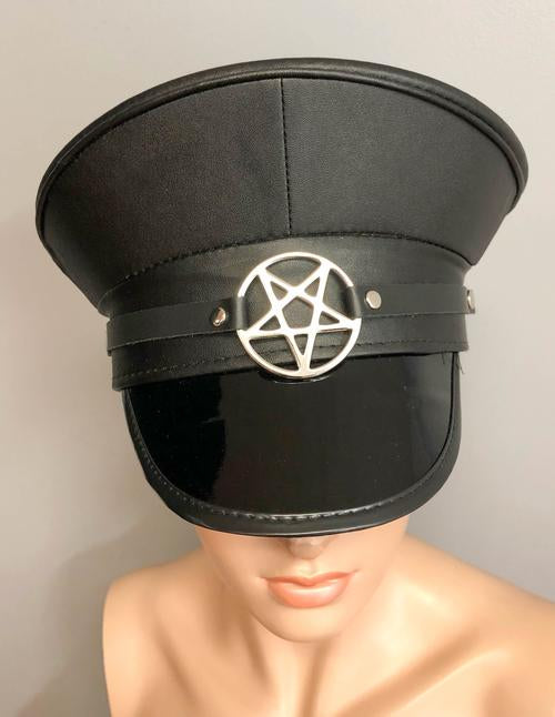 Matte vegan leather top and patent shiny vegan leather bill captain style hat. Hat has inverted silver pentagram on front center.