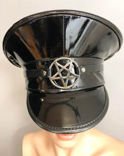 Load image into Gallery viewer, Black patent shiny leather top captain style hat. Hat has inverted silver pentagram on front center.
