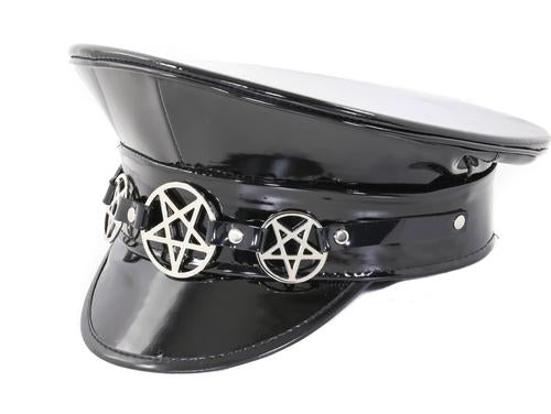 Black vegan shiny patent leather captain hat with row of silver inverted pentagrams on front center.