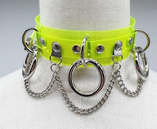 front view of neon green see through choker with Three O rings, Hanging chain and Adjustable buckle closure