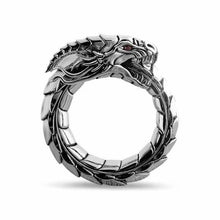 Load image into Gallery viewer, Silver dragon with tail in it&#39;s mouth (ouroboros) ring.
