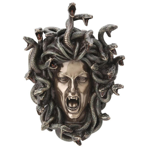 front view of Bronze painted Medusa snake head with open mouth