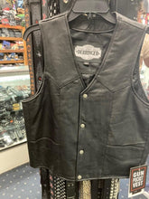 Load image into Gallery viewer, front view of Black real leather basic front button vest. Jacket has two front pockets and hidden gun pocket inside.
