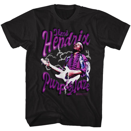 black jimi hendrix shirt with logo and picture of jimi playing guitar wearing headband with text that reads 