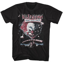 Load image into Gallery viewer, unisex black killer klowns from outer space movie shirt with movie poster clown and text that reads &quot;in space no one can eat ice cream&quot;
