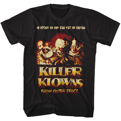 unisex black killer klowns from outer space movie shirt with group clown photo and text that reads 