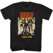 Load image into Gallery viewer, black unisex kiss shirt with logo and love gun album cover art and text that reads &quot;love gun&quot;
