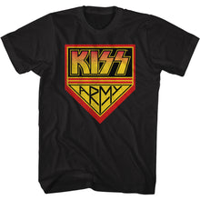 Load image into Gallery viewer, black unisex kiss shirt with logo and kiss army graphic
