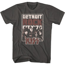 Load image into Gallery viewer, unisex gray kiss shirt with logo and band picture with text that reads &quot;detroit rock city &#39;76&quot;

