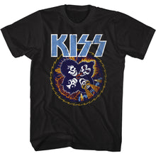 Load image into Gallery viewer, black unisex kiss shirt with four corner logos and rock and roll over album cover art with band as skeletons graphic, and text that reads &quot;rock and roll over&quot; repeated in a circle
