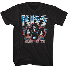 Load image into Gallery viewer, unisex black kiss shirt with logo, band member art and text that reads &quot;alive in &#39;77&quot;
