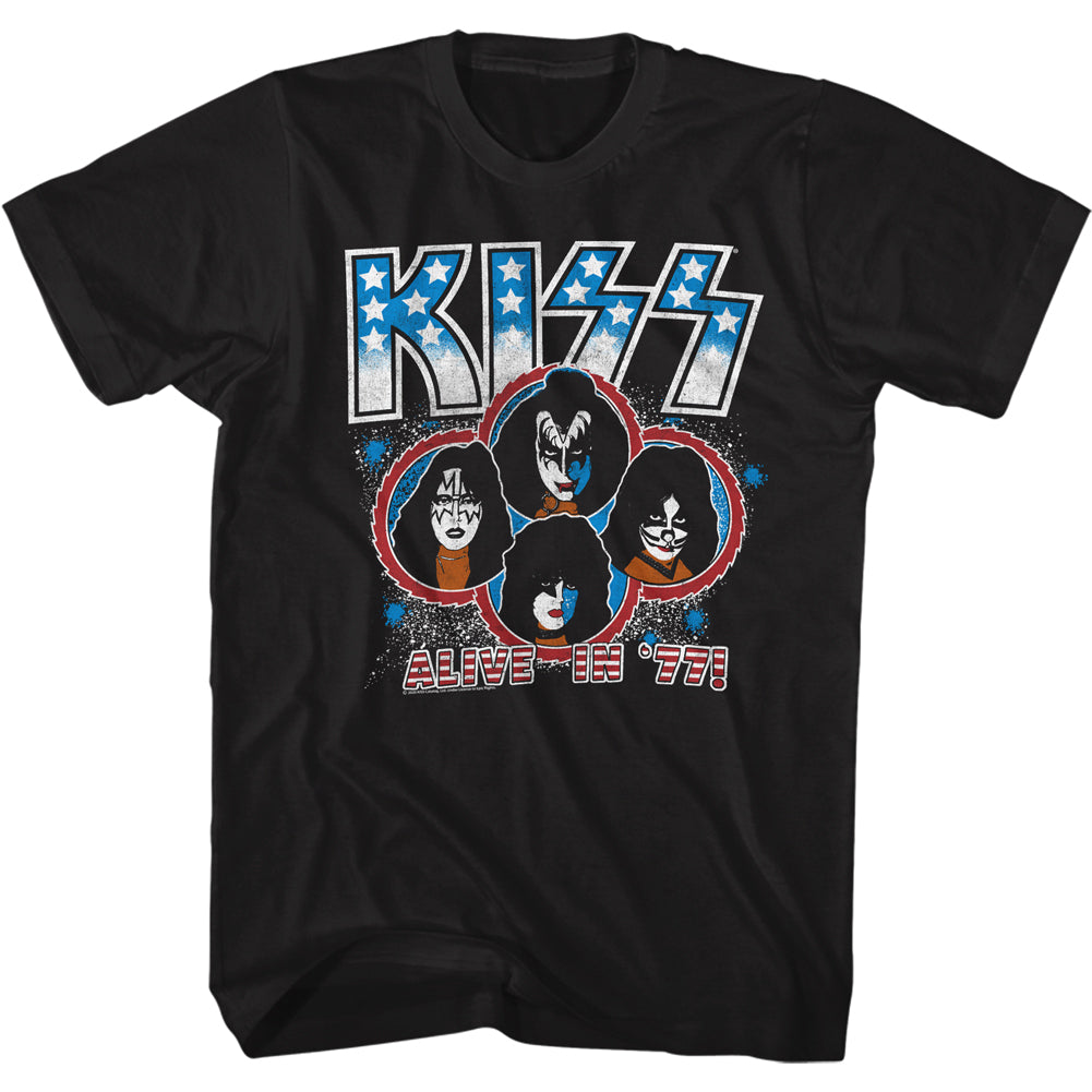 unisex black kiss shirt with logo, band member art and text that reads 