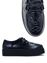 Load image into Gallery viewer, Black vegan leather creeper shoes with Jack-O-Lantern cut out face on top of shoe. Shoe has black round laces. Shoes are 100% vegan leather and black rubber outsole.
