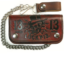 Load image into Gallery viewer, front of Brown antiqued finish wallet with Lucky 13&#39;s &quot;Death or Glory&quot; skull with a top hat embossed logo on the front. Wallet comes complete with a chain and leather clasp.
