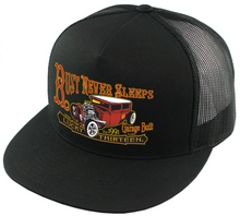Load image into Gallery viewer, front of Black and orange/rust colored poplin-mesh snapback trucker cap. Hat has a rusty rat rod design called &quot;Rust Never Sleeps&quot; on the front and a &quot;13&quot; embroidered on the back left side. Backside has adjustable snap strap.
