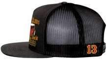 Load image into Gallery viewer, side of Black and orange/rust colored poplin-mesh snapback trucker cap. Hat has a rusty rat rod design called &quot;Rust Never Sleeps&quot; on the front and a &quot;13&quot; embroidered on the back left side. Backside has adjustable snap strap.

