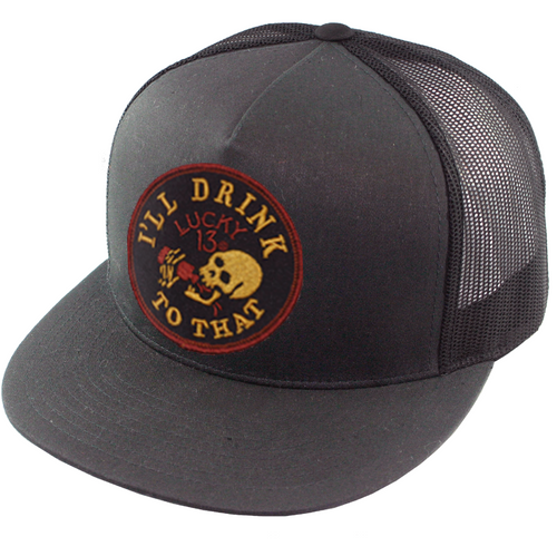Charcoal colored flat bill snapback poplin-mesh cap with adjustable snapback closure with a fully embroidered 