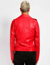 Load image into Gallery viewer, back of Classic motorcycle jacket in soft red vegan leather. Features four pockets, skull snaps, and a belted waist for the perfect fit.  
