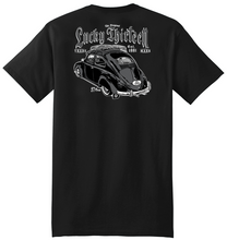 Load image into Gallery viewer, back of Black Lucky 13 amped t-shirt with a full back print of the &quot;&#39;57 Bug&quot; graphic, and a front left chest print.
