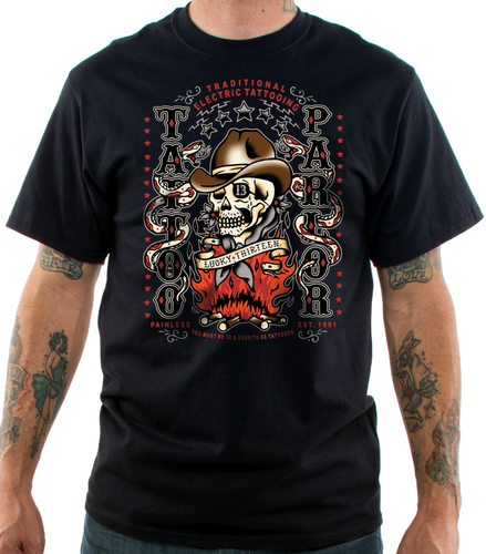 front of Black Lucky 13 t-shirt with a full front chest screen print of the 