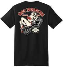 Load image into Gallery viewer, back of Black Lucky 13 t-shirt with a full back screen print of the &quot;Piston Pin-Up&quot; girl graphic and a front left chest print to match.
