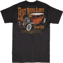 Load image into Gallery viewer, back of Black Lucky 13 t-shirt with a full back print of the &quot;Rust Never Sleeps&quot; rat rod design and a front left chest &quot;Garage Built - Lucky Thirteen&quot; pocket logo to match.
