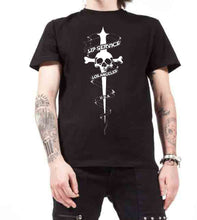 Load image into Gallery viewer, front of Black t-shirt with large classic Lip Service dagger print on the front
