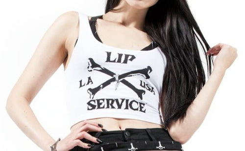 White crop tank top with black Lip Service print on front side.