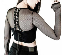 Load image into Gallery viewer, Black fishnet shrug with lace up back detail &amp; thumbholes.
