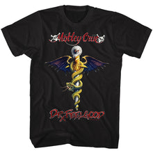 Load image into Gallery viewer, unisex black motley crue shirt with logo and full color picture of dr. feel good snake dagger album cover art with text that reads &quot;dr. feel good&quot;
