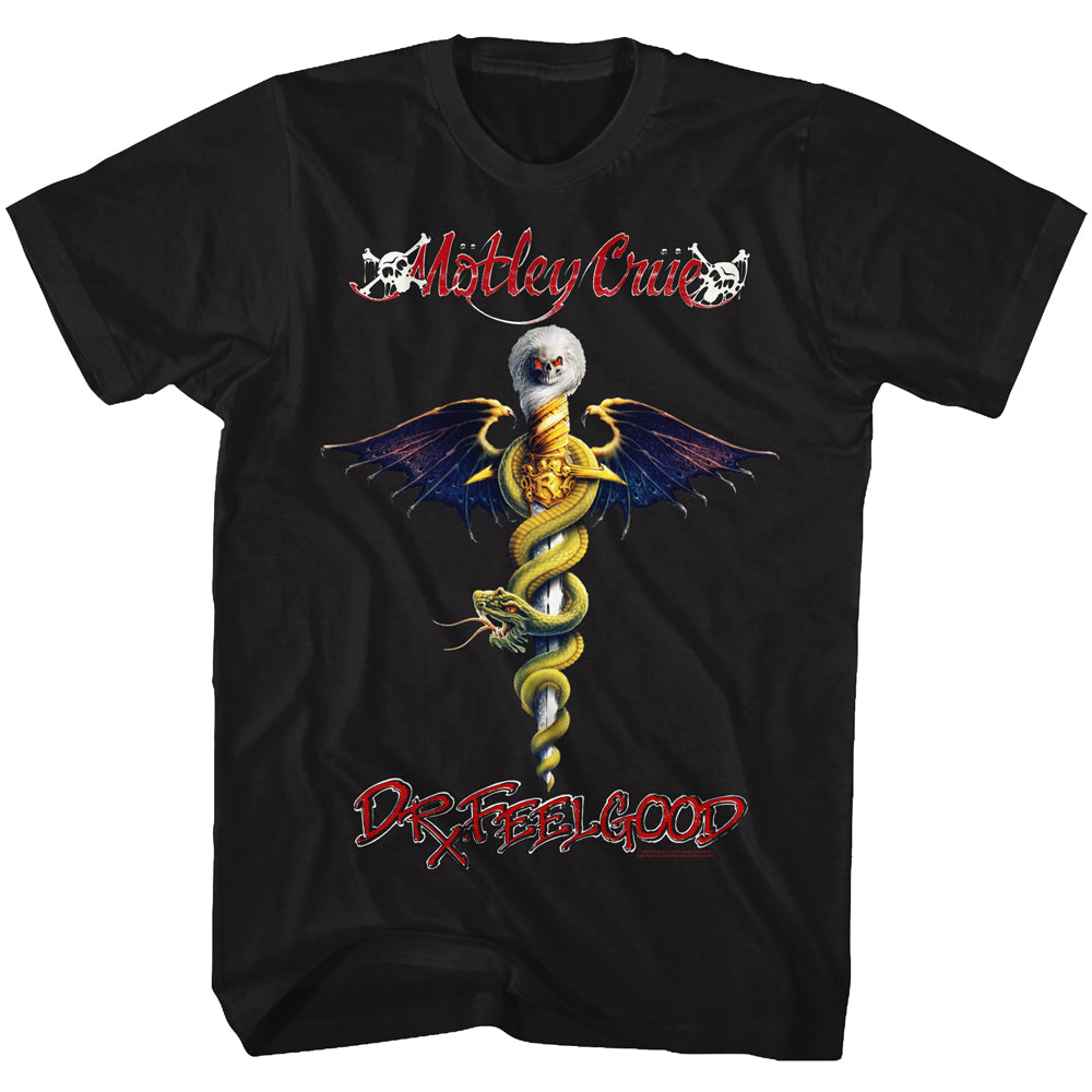 unisex black motley crue shirt with logo and full color picture of dr. feel good snake dagger album cover art with text that reads 