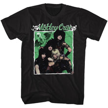 Load image into Gallery viewer, black unisex motley crue shirt with logo and old school green band photo

