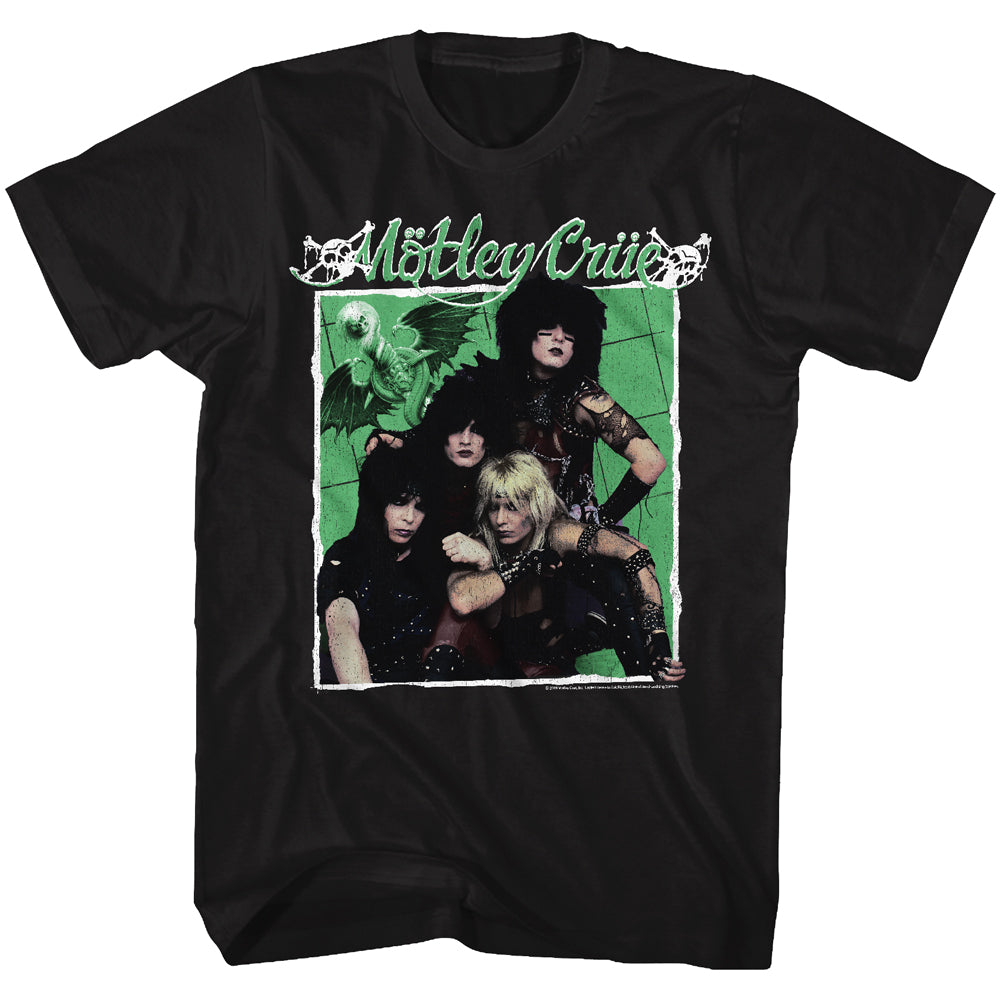 black unisex motley crue shirt with logo and old school green band photo