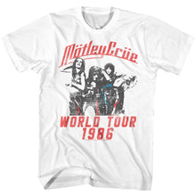 Load image into Gallery viewer, white unisex motley crue shirt with logo and world tour 1986 poster graphic with text that reads &quot;world tour 1986&quot;
