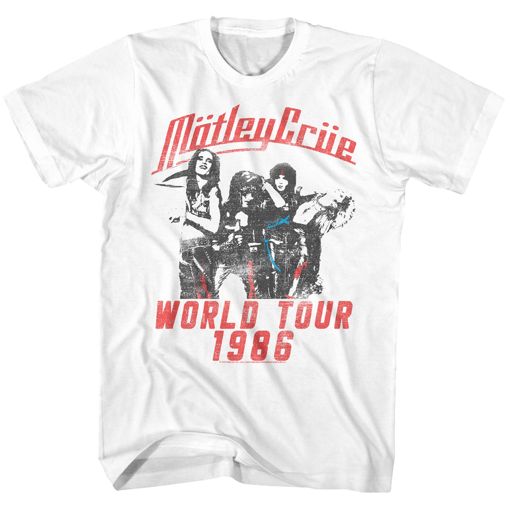 white unisex motley crue shirt with logo and world tour 1986 poster graphic with text that reads 