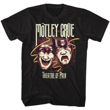 Load image into Gallery viewer, black unisex motley crue shirt with logo and theatre of pain happy sad masks and text that reads &quot;theatre of pain&quot;
