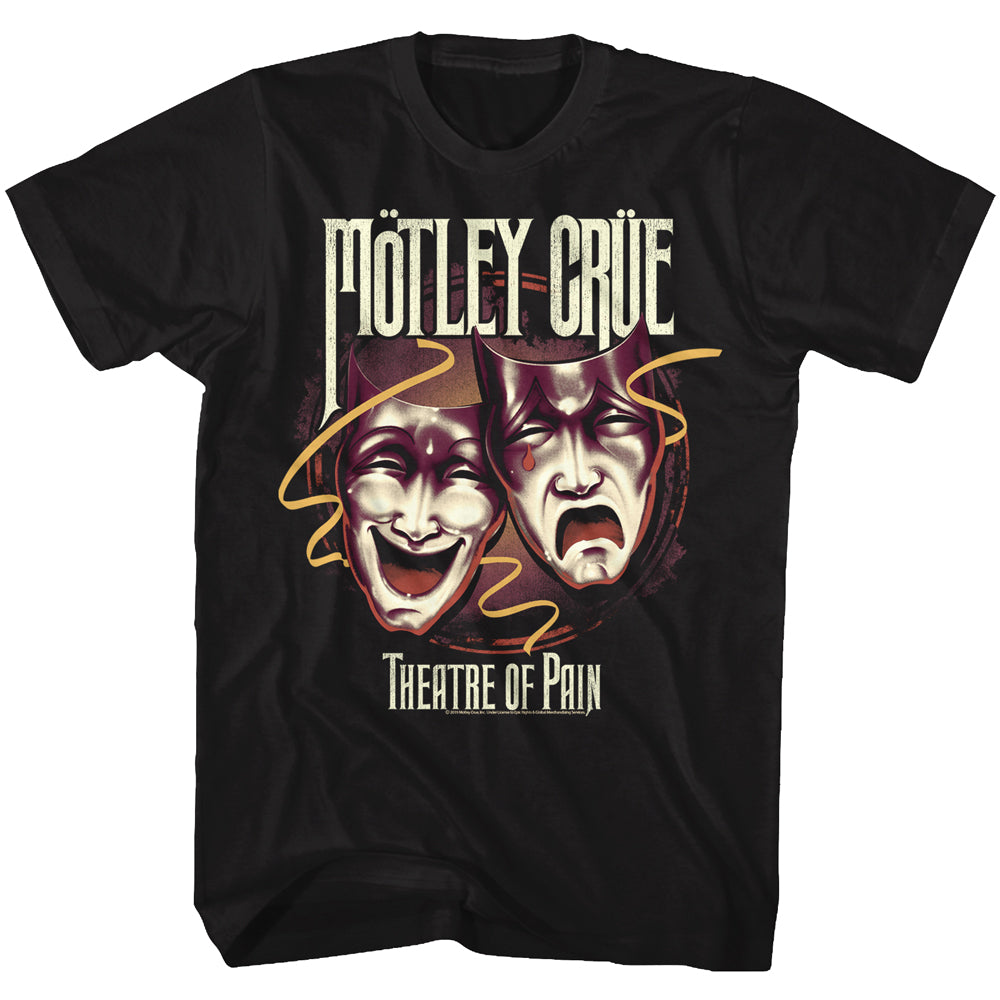 black unisex motley crue shirt with logo and theatre of pain happy sad masks and text that reads 