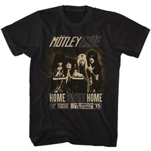 Load image into Gallery viewer, black unisex motley crue shirt with logo and staples center concert flyer and silly band picture with text that reads &quot;home sweet home live at staples center los angeles, california &#39;15&quot;
