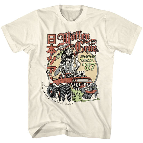 natural white unisex motley crue shirt with logo and japan tour flyer graphic with text that reads 