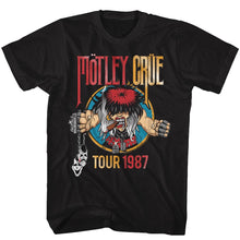 Load image into Gallery viewer, black unisex motley crue shirt with logo and 1987 tour graphic with text that reads &quot;tour 1987&quot;
