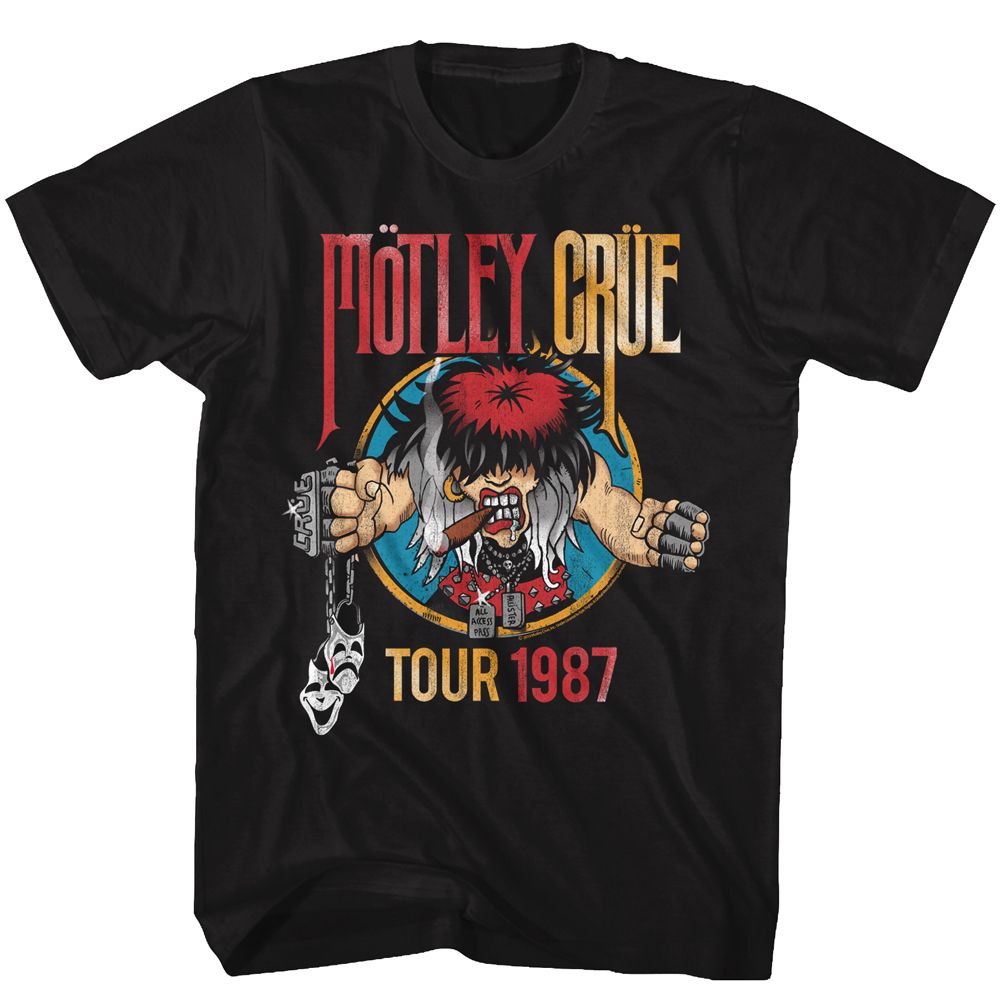 black unisex motley crue shirt with logo and 1987 tour graphic with text that reads 