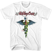 Load image into Gallery viewer, unisex white motley crue shirt with logo and full color picture of dr. feel good snake dagger album cover art
