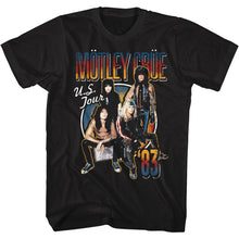 Load image into Gallery viewer, black unisex motley crue shirt with logo and us tour poster 1983 with text that reads &quot;u.s. tour &#39;83&quot;

