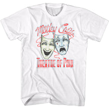 Load image into Gallery viewer, white unisex motley crue shirt with logo and happy/sad theatre of pain masks with text that reads &quot;theatre of pain&quot;
