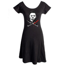 Load image into Gallery viewer, front of Halloween 2 licensed design Michael Myers knives based on the 1981 Halloween 2 Universal Studios movie Halloween 2. Black form-fitting upper torso with a flowy bottom.
