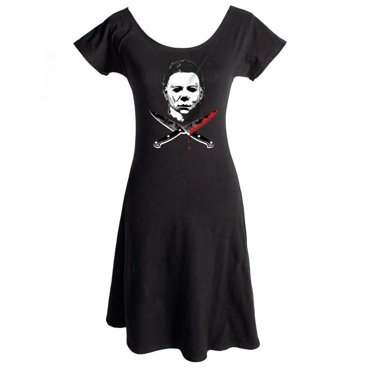 front of Halloween 2 licensed design Michael Myers knives based on the 1981 Halloween 2 Universal Studios movie Halloween 2. Black form-fitting upper torso with a flowy bottom.