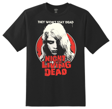 Load image into Gallery viewer, black night of the living dead movie shirt with picture of kyra schon and text that reads &quot;they won&#39;t stay dead. night of the living dead&quot;
