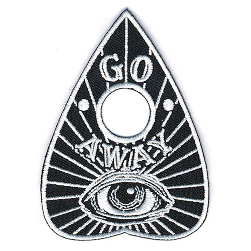 Black and white embroidered planchette ouija board patch.