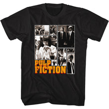Load image into Gallery viewer, black unisex pulp fiction movie shirt with multiple stills from movie featuring uma thurman, samuel l jackson and john travolta, with pulp fiction logo on bottom
